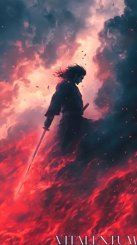 Lone sword warrior walks through rising fire and storm