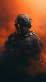 Armored tactical soldier stands in blazing orange smoke