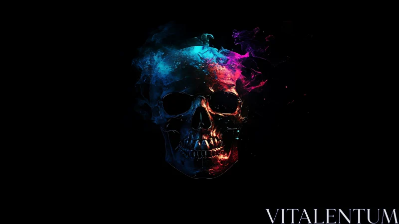 Neon smoke skull on black background in digital art.
