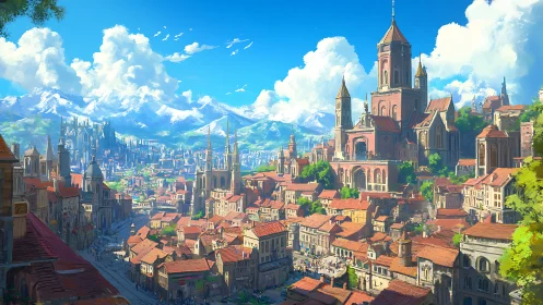 Sunlit fantasy citadel above sprawling red-roofed cityscape.