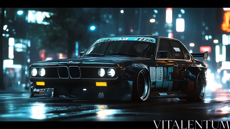 Midnight tuned BMW glows against neon city rain