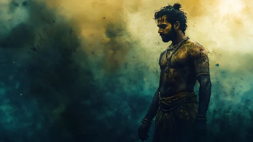 Thoughtful warrior stands in swirling golden blue mist.