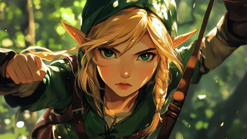 Elf archer portrait in dynamic forest lighting close-up.