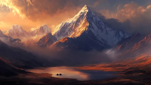 Sunlit snow peak rises over calm highland lake at dusk