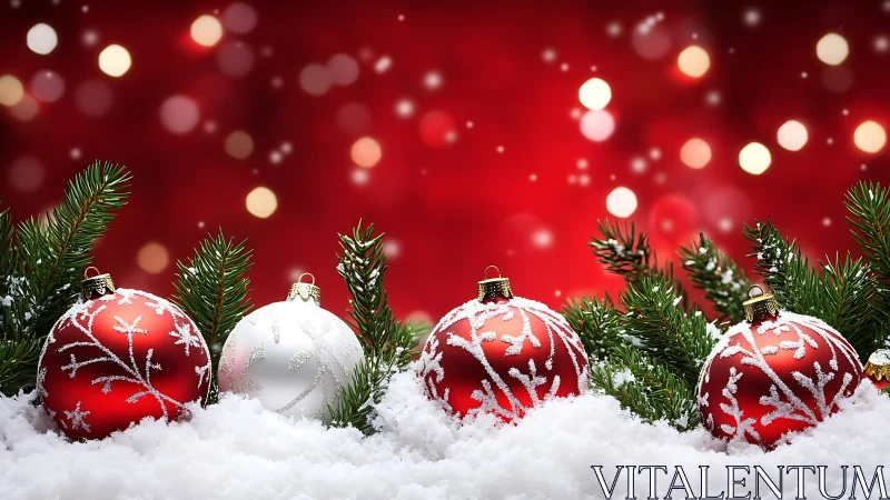 Red Christmas baubles in snow with fir branches and lights.