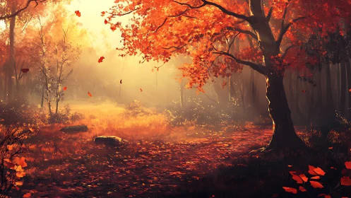 Autumn Forest Path in Golden Light.