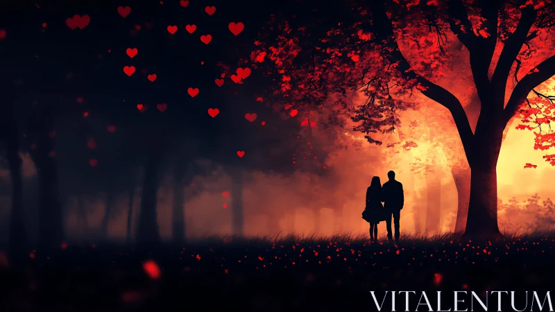 Couple standing together in a misty forest illuminated by warm sunset glow