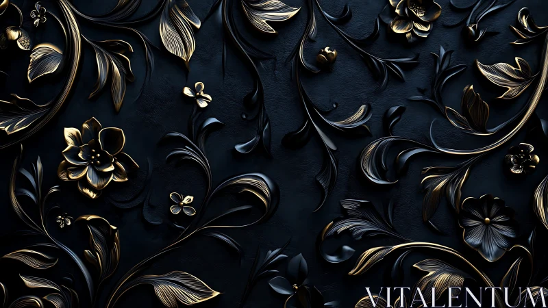 Metallic floral relief pattern covers a dark textured surface