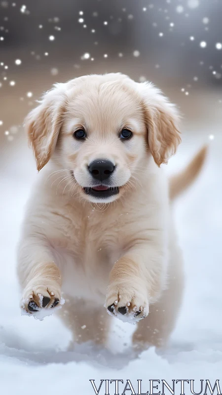 Golden retriever puppy running through fresh winter snow.