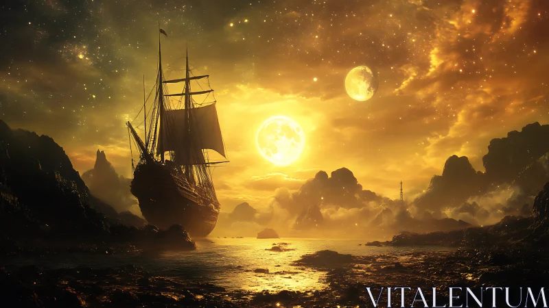 Moonlit tall ship drifting through a glowing golden sky.