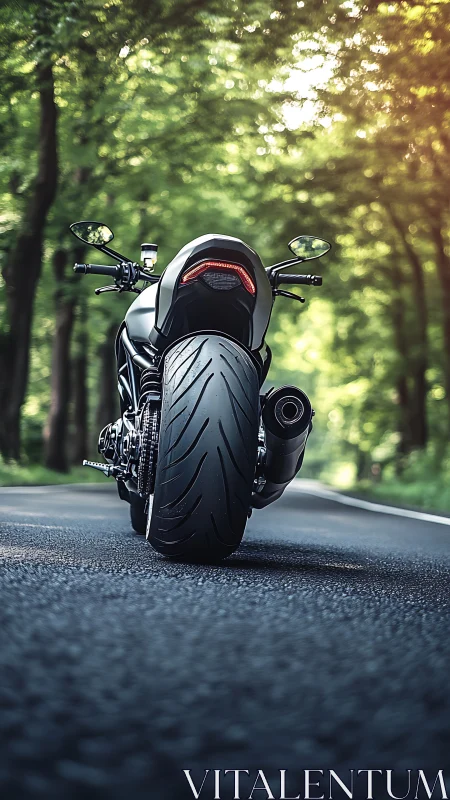 Rear motorcycle view aligns on forest road in soft daylight