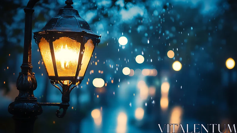 Lantern glow cuts through rainy blue city night. Period.