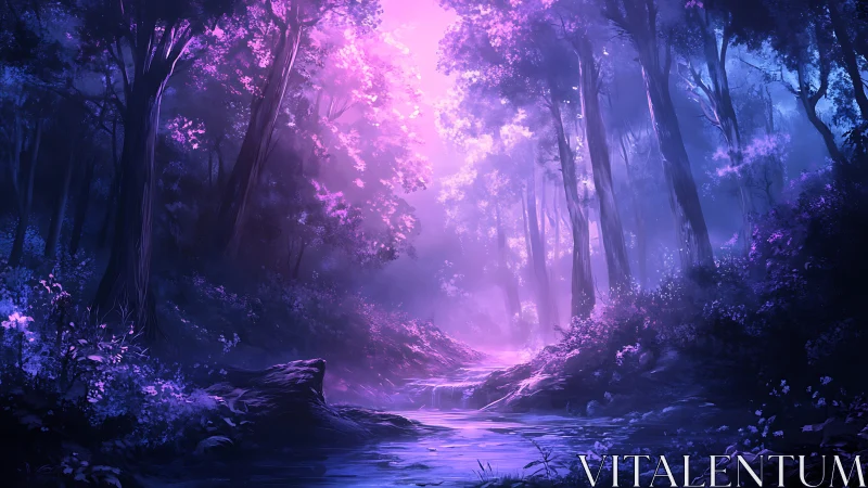 Enchanted forest cathedral with bioluminescent canopy and phosphorescent stream.