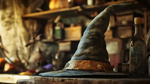 Pointed wizard hat on wooden table in rustic workshop.
