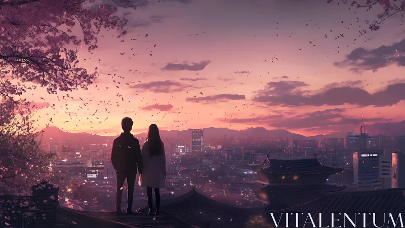 Two figures observe a twilight cityscape under scattered petals