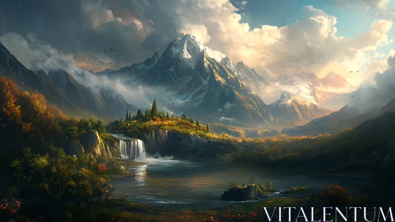 Mountain lake landscape shows waterfall, forest, and cloud cover