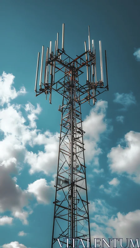 Cell tower rises above soft clouds under clear blue sky