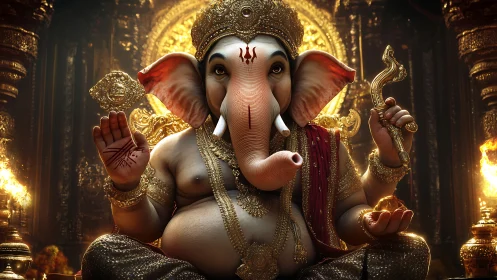 Divine Ganesha idol in ornate golden shrine illumination.