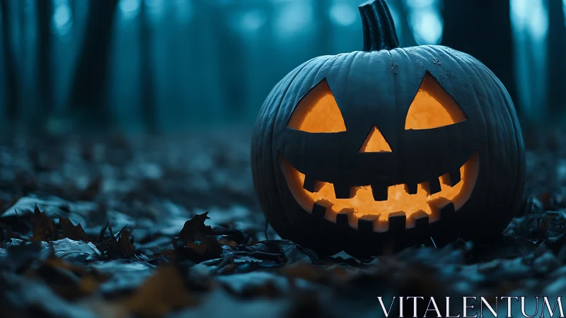 Lantern-hearted pumpkin grins wide in the misty forest dusk