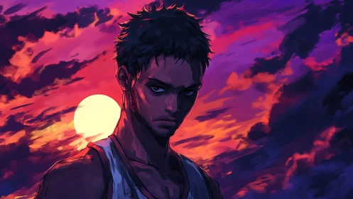 Brooding man stands before saturated purple sunset sky