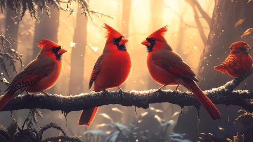 Vibrant Cardinals Perched on Branch in Enchanted Forest Scene.