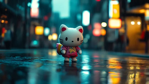 Charming toy cat explores rainy neon city streets alone
