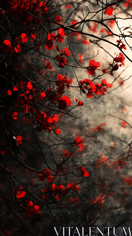 Red blossoms on dark branches against misty gray light.