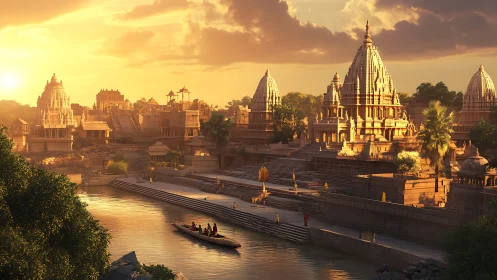 Golden riverfront temples glow in a tranquil sunset haze