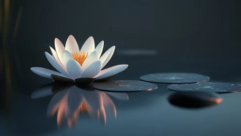 Luminous white water lily with soft reflections on still pond