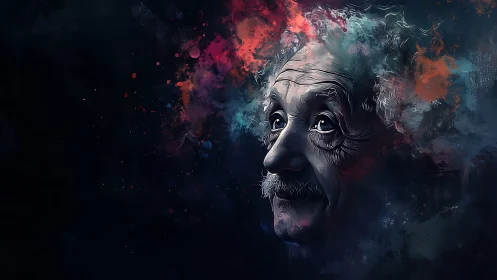 Digital portrait shows elderly male face emerging from nebula-like clouds