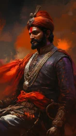 Digital painting of armored Maharaja in incandescent orange regalia.