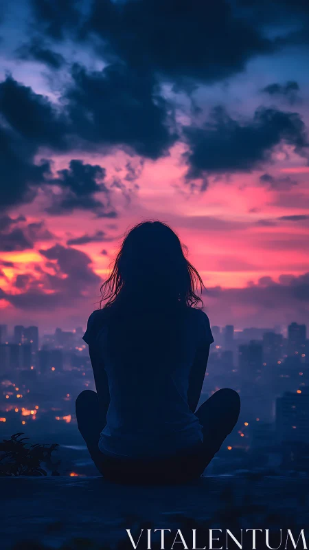 Silhouette of seated figure facing cityscape at dusk.