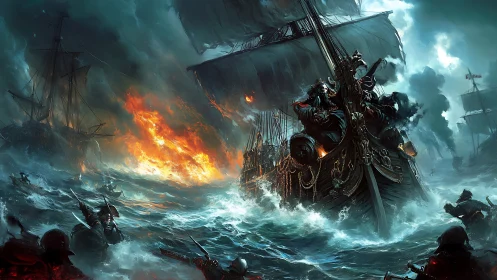 Storm-lit pirate armada carving chaos through burning seas.