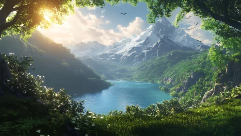 Sunlit alpine lake framed by lush forest and snowy peaks