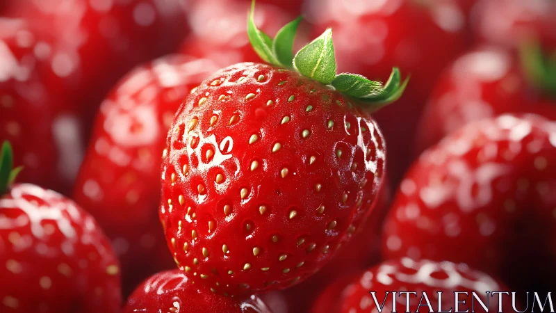 Macro view of ripe strawberry among blurred background fruit.