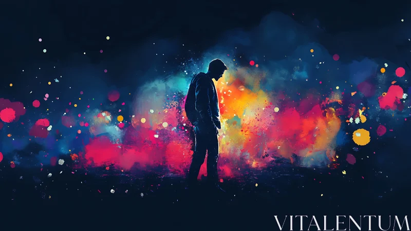 Solitary figure in chromatic particle dispersion field study.