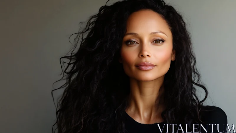 Confident woman with curly hair in natural light, modern portrait.
