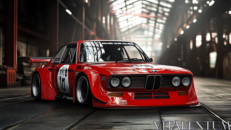Red BMW race car rendered in hyperreal detail in industrial hall