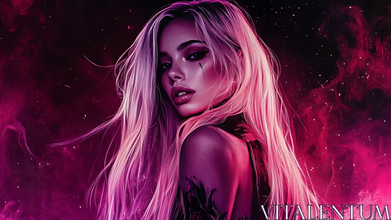 Neon starlight clings to the midnight gaze of a rebel siren