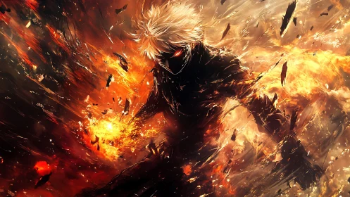 Masked white haired fighter commands explosive firestorm.