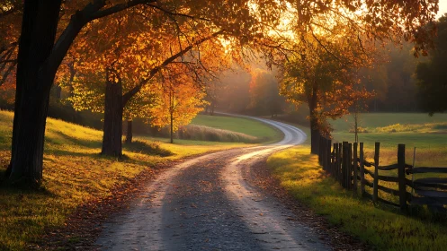 Gravel road curves through autumn trees in low warm light