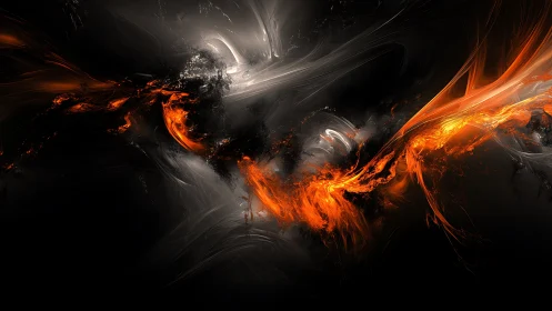 Molten orange plasma streaks through dark fractal void.