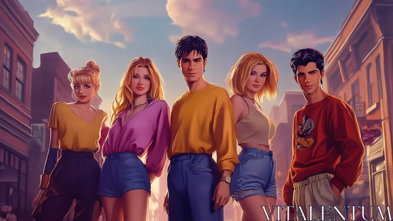 Stylized group of five young adults in city street scene.