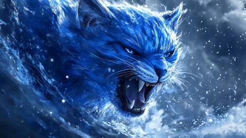 Blue spectral wildcat roaring amid swirling icy storm.