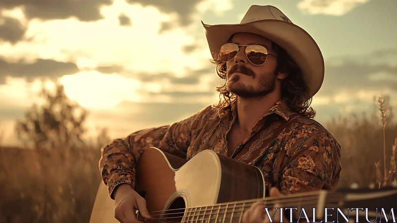 Sunlit country guitarist in reflective aviators at dusk.