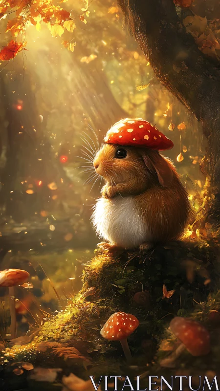 Tiny forest wanderer in a mushroom cap hat at dusk.