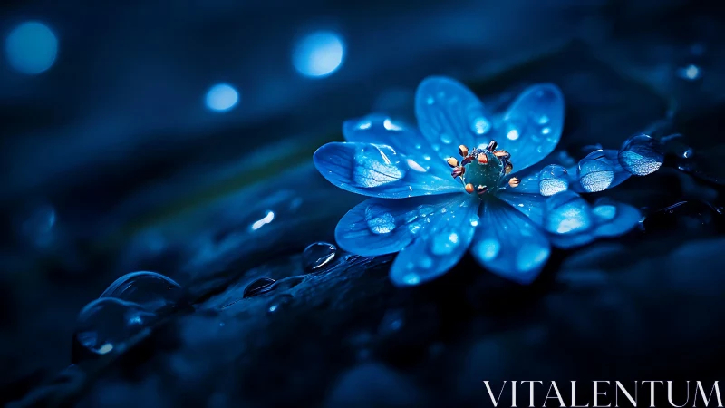 Bioluminescent Flower with Dew Drops on Dark Branch.