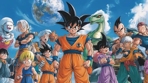 Heroic anime warriors stand united under bright blue sky