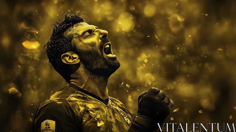Soccer goalkeeper celebrates victory amid golden light storm