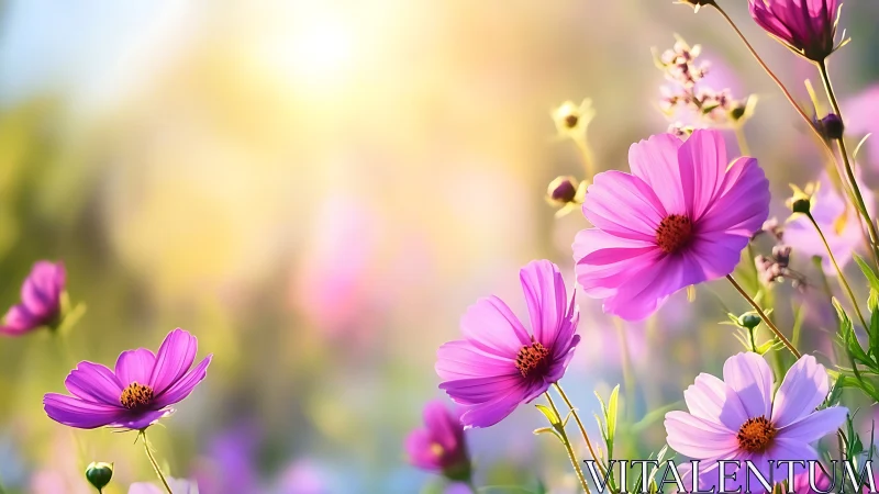 Cosmos Flowers in Soft Focus: Pink and Purple Blooms with Golden Hour Lighting.